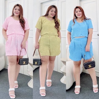 Size up ชุดเซ็ต 2 ชิ้น สาวอวบ Setเสื้อครอปคอกลม อก 40”-50” Bigsize Oversize กางเกงขาสั้น เอว 34-44”