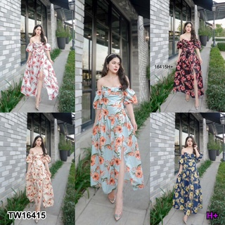 เดรสยาว ลายดอกไม้ เปิดไหล่ ผ่าด้านหน้า TT16415 Long dress, floral print, open shoulders, front slit