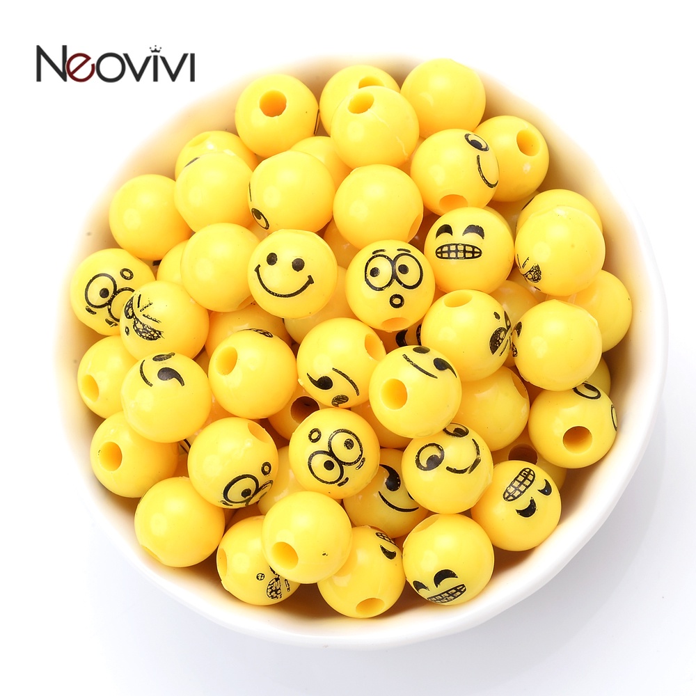 50pcs 10mm Expression ลูกปัดอะคริลิคสีเหลืองยิ้มรอบ Spacer ลูกปัดสำหรับเครื่องประดับทำสร้อยข้อมือ DIY อุปกรณ์เสริม
