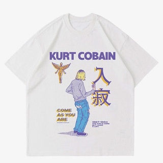 แขนสั้นcrew neckเสื้อยืด พิมพ์ลาย KURT COBAIN COME Us YOU ARE สีขาว | เสื้อยืด ลาย Rockstar | เสื้อโคเบน KURT | เสื้อยืด