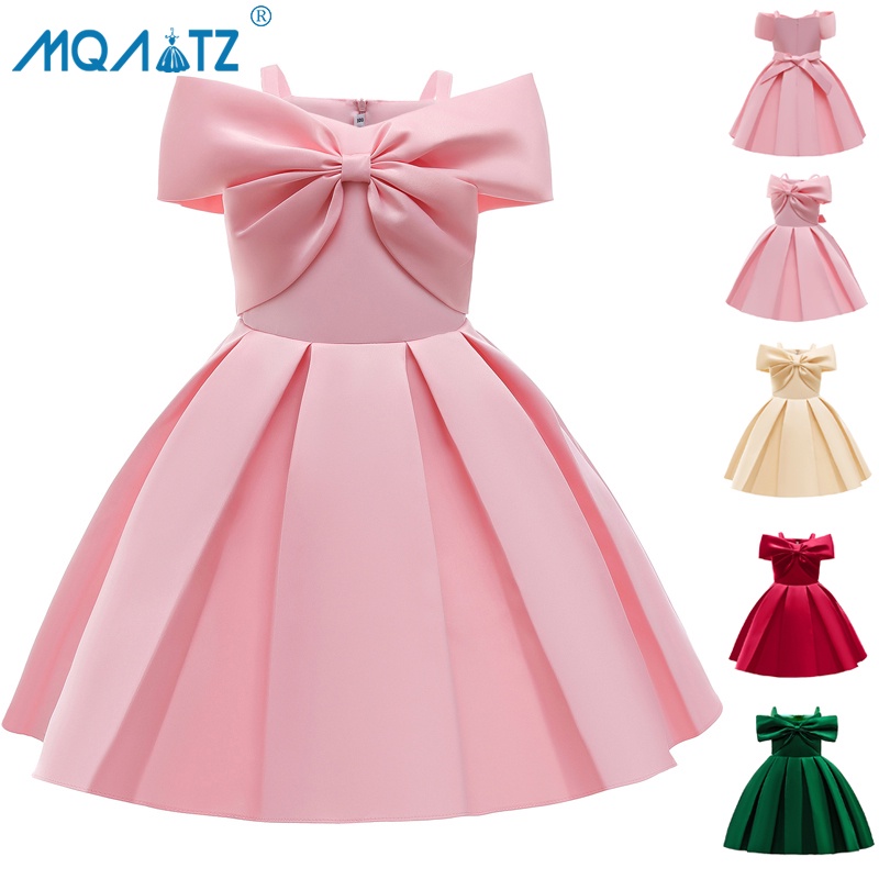 Mqatz ชุดเดรสเจ้าหญิง เปิดไหล่ข้างเดียว ประดับโบว์ใหญ่ แฟชั่นฤดูร้อน สําหรับเด็กผู้หญิง L5248
