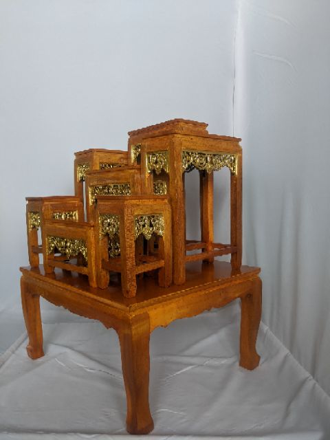 โต๊ะหมู่บูชาพระ หน้า 5 หมู่7 สีเหลืองลายไม้ กระจังทองปิด ราคาถูกที่สุดในช้อปปี้