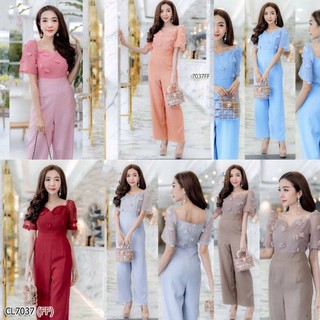 Jumpsuit จั้มสูทคกว้าง แขนสั้นผ้าทอปักปุยๆ CL7037