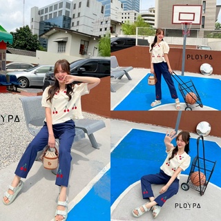 1074💟มือ1  เซทเสื้อกางเกงขายาว เสื้อคอบัว แขนตุ๊กตา ปักลายCherry 💟ploypa