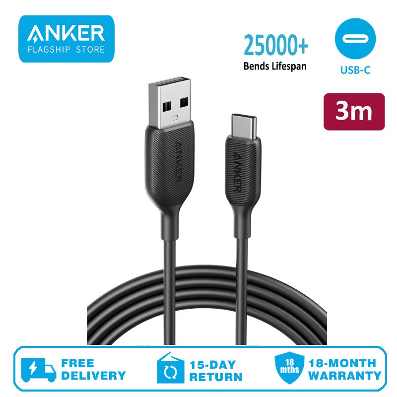 Anker A8874 สายชาร์จเร็ว USB-A เป็น USB-C (10 ฟุต) สําหรับ Samsung Galaxy S10 S9 Plus S8 Plus