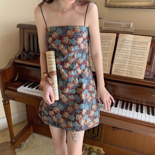 Fulllove พร้อมส่ง มินิเดรสสายเดี่ยวผูกไหล่ Floral Midi Dress Vintage 673#