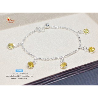 สร้อยข้อมือเงินแท้ 92.5% ลายบอล ร้อยตุ้งติ้งพลอยสังเคราะห์ สีเหลือง พร้อมกระดิ่ง 1 ลูก งานน่ารักๆ H0462