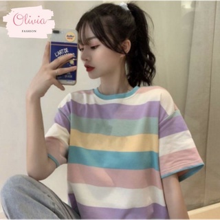 🍓Olivia🍓🌈เสื้อยืดลายทาง-สีพาสเทลสุ่มสี-สไตล์oversize ผ้านิ่มใส่สบายสุดๆ พร้อมส่ง #370🌈