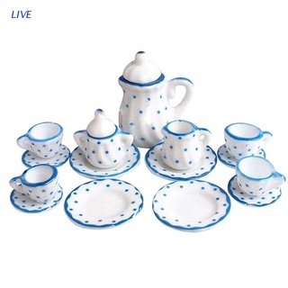 Live ชุดน้ําชาดอกไม้สีฟ้าขนาด 1:12 สําหรับตกแต่งบ้านตุ๊กตา 15 ชิ้น