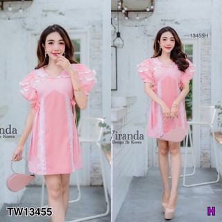 J13455 Dress เดรสสั้น แขนพอง ไหล่แต่งระบาย กระโปรงแต่งลูกไม้ ผูกโบว์เอว