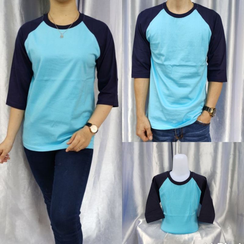 Skyblue-navy reglan เสื้อยืดสีพื้น 3/4 แขน Uk ML XL XXL 20 22 S