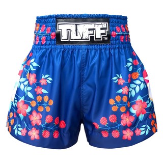 TUFF มวยไทย กางเกงมวยไทย สีน้ำเงิน ลายดอกไม้ TUFF Muay Thai Boxing Shorts Blue Plum Blossom with Nightingale Bird