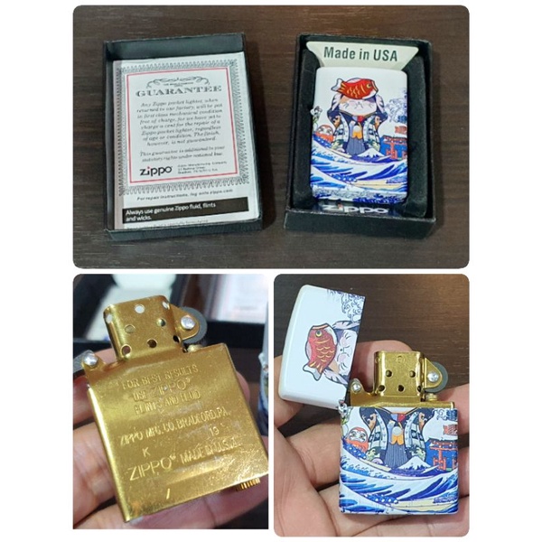 zippo ลายญี่ปุ่น แมวสามสียกปลา(ซาโทระ) ซับสีทอง ของใหม่ยังไม่ใช้