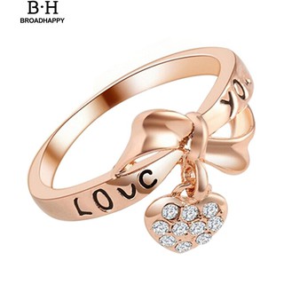 💘broadhappy💍เลดี้แฟชั่นจดหมายรักโบว์โบว์แหวนกุหลาบชุบทอง Rhinestone แหวนเกลี้ยง