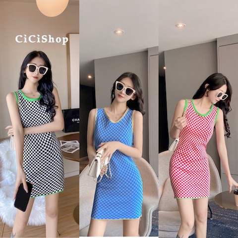 Cicishop(SALE/สุ่ม 1268)มินิเดรสแขนกุดไหมพรมลายตาราง สไตล์มินิมอลสุดฮิต🏁🤍