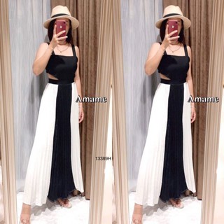 Maxi Dress แม็กซี่เดรสสายเดี่ยว สม็อคหลัง เว้าเอว 2 ข้าง กระโปรงแต่งอัดพลีททูโทน