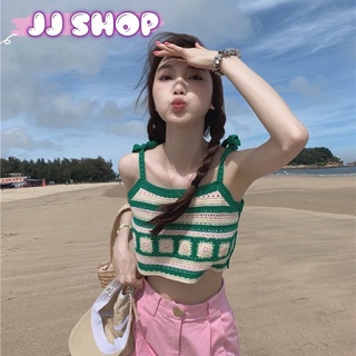 JJ shop💜 พร้อมส่ง  เสื้อถักไหมพรมสายเดี่ยว ลายทางแต่งดอกไม้ ผูกเชือกตรงสายได้น่ารักๆ "11509"