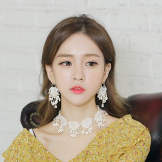 Set เครื่องประดับสร้อยคอโช้กเกอร์ +ต่างหู ลูกไม้สีขาว - KOREA EARRING เงินแท้ 92.5 %เครื่องประดับเข้าจากเกาหลี 17NS196