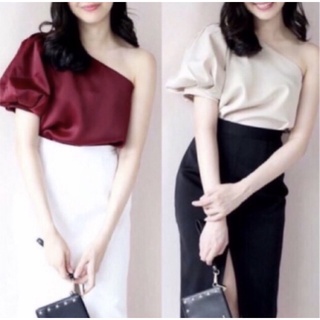 เสื้อเบี่ยงไหล่ ผ้าซาติน (พร้อมส่งแดง/ชมพู/นู้ด/กรม/ขาว)