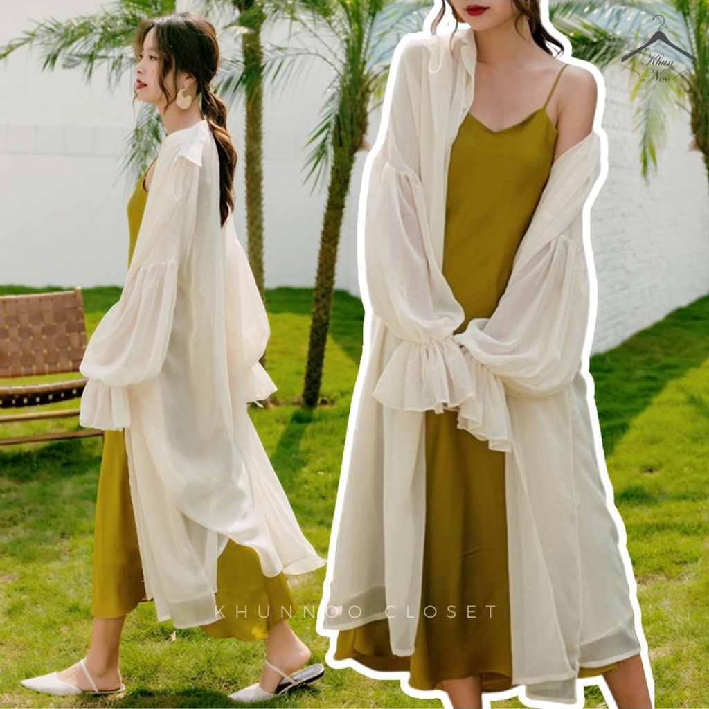 พร้อมส่ง  SHT009 เสื้อชีฟองตัวยาว คอปก เสื้อคลุม