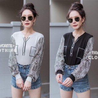 Favorite เสื้อไหมพรมแขนยาว เย็บตัดต่อแขนด้วยผ้าชีฟองพิมพ์ลาย ปลายแขนจั้ม งานดีมากค่ะ