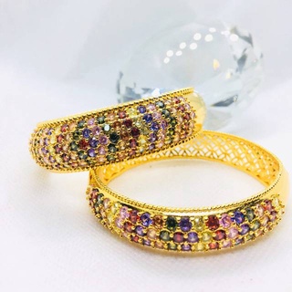 jewelryshop365 K307 กำไลนพเก้า กำไลพลอย5แถวนพเกล้าฝังเพชร กว้าง60cmงานทองเหลือง24k