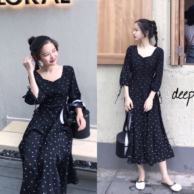 เดรสยาวลายจุด Black-Polka Dress เดรส นำเข้า ชุดราตรีสั้น ลดราคา ขายดี ชุดเดรสสั้น สินค้าขายดี ชุด ราคาส่ง