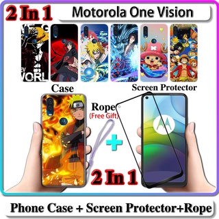 2 IN 1 เคส Motorola One Vision เคส พร้อมกระจกนิรภัยโค้ง ป้องกันหน้าจอเซรามิค Naruto และ One Piece