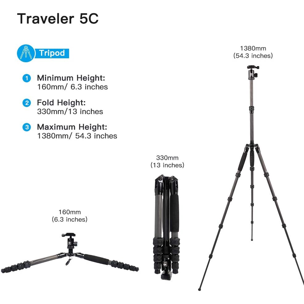 SIRUI Carbon Fiber Traveler 5C Tripod 54.3 inches Lightweight Portable Camera Tripod with Ball Head (สินค้าประกันศูนย์ )