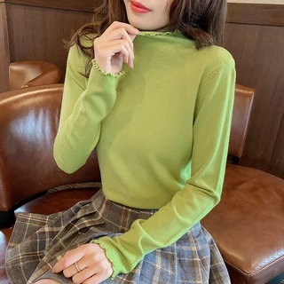 เสื้อแขนยาวผู้หญิง คอเต่า สีพื้น เนื้อผ้านิ่ม สไตส์เกาหลี