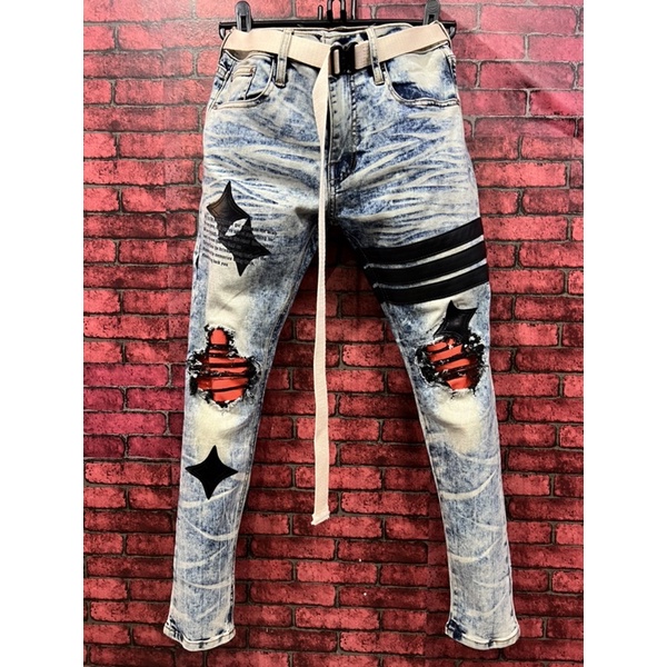 ใหม่ล่าสุดกางเกงยีนส์ฟอกคาดแถบหนัง Hold'em Denim styleกางเกงยีนส์ฟอกคาดแถบลายดาวกระจายพร้อมเข็มขัดผ้าหรือเชือกตรงรุ่น