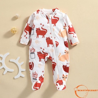 BღBღNewborn Cat Print Jumpsuit, Toddler Casual Footed Long Sleeve Round Neck Zipper Romper