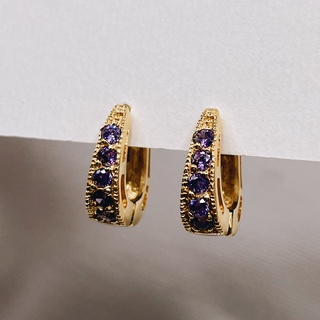 Violet Pavé CZ Huggies, 18K Gold Plated Sterling Silver Earrings E0142 | เงินแท้ 925 ชุบทองเเท้ 18 กะรัต