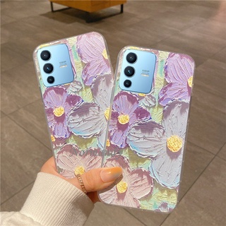 เคสโทรศัพท์ Casing Vivo V23 5G 2022 New Creativity Painting Purple Flowers Phone Case Silicone Softcase Protective Shell Back Cover เคส