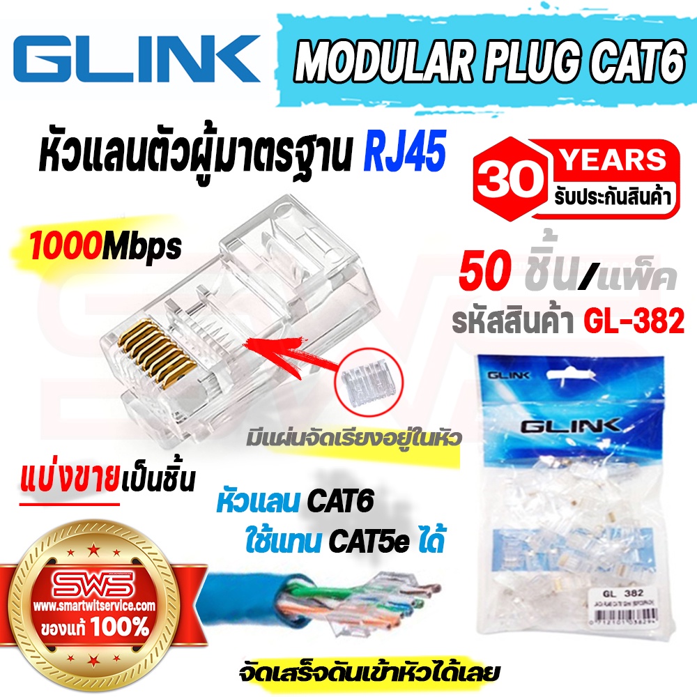 หัวแลนตัวผู้ LAN CAT6 RJ45 1000Mbps มีแผ่นจัดเรียงสายใช้แทน CAT5e ได้ รุ่น GLink Modlar Plug GL-382 [ รับประกัน 30 ปี ]