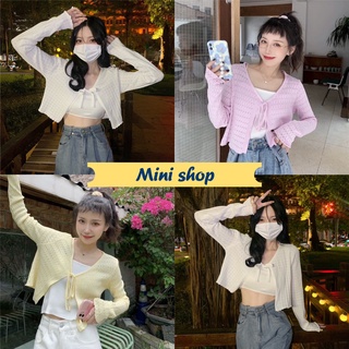 Mini shop🌸พร้อมส่ง🌸 (3160) เสื้อคลุมไหมพรมแขนยาว มีเชือกผูกด้านหน้าลายสวยๆ