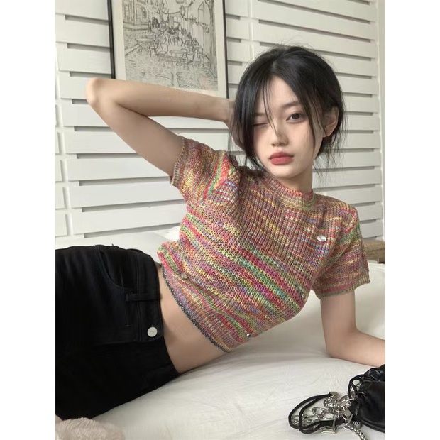 Cicishop(BZ1078) เสื้อครอปไหมพรมถัสีเรนโบว์ ดีเทลปักเพรช เก๋ไก๋สไตล์เกาหลี