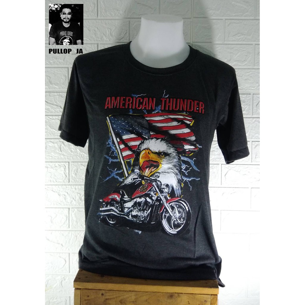 C016-XL เสื้อยืดคอกลม แขนสั้น สีเทาเข้ม สกรีนแนววินเทจ สกรีนแนวฮาเล่ย์ AMERICAN THUNDER รูปนกอินทรี 