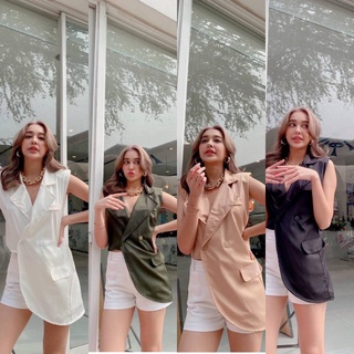 เสื้อกล้ามคอปก แต่งยาวหนึ่งข้าง ดีเทลเก๋ แต่กระเป๋า มี 4สี พร้อมส่ง