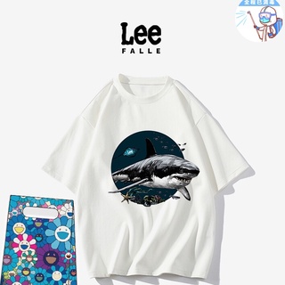 Leefalle เสื้อคอกลม แขนสั้น ผ้าฝ้าย พิมพ์ลายฉลาม ทรงหลวม สําหรับคู่รัก