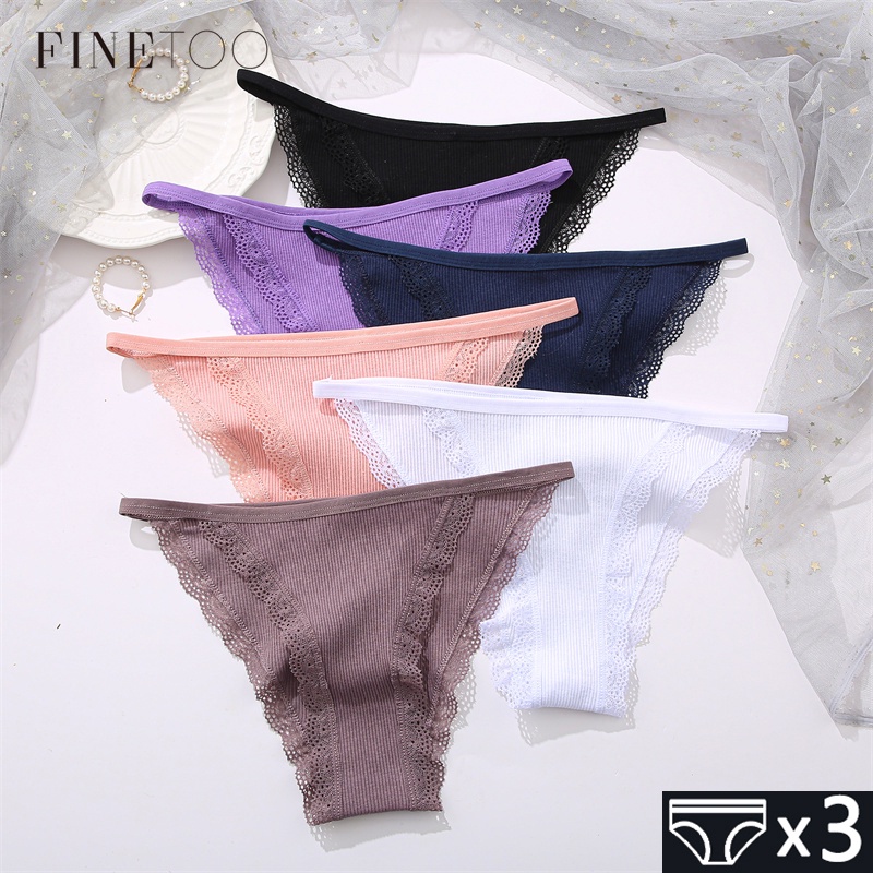 Finetoo กางเกงชั้นใน ผ้าฝ้าย ปักลายลูกไม้ ใส่สบาย ไซซ์ S-Xl สําหรับผู้หญิง 3 ชิ้น ต่อชุด