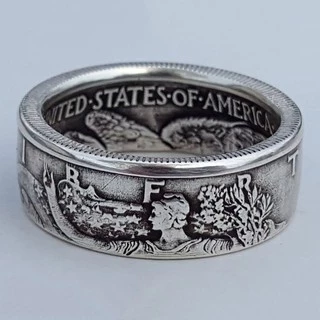 24K Gold Plated Handmade เหรียญแหวน Vintage Morgan Silver Half Dollar 1945 แกะสลัก "the United State of Ring
