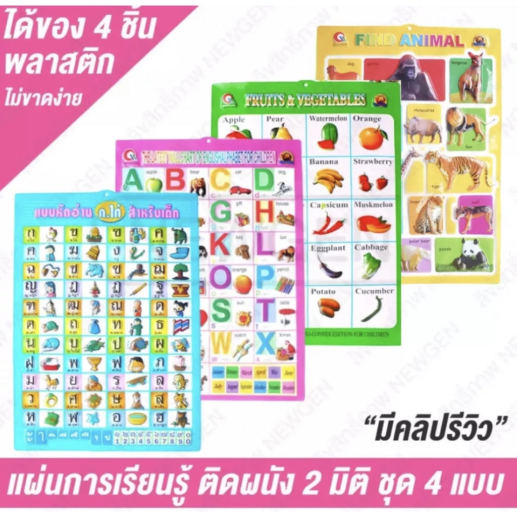 โปสเตอร์ติดผนัง แบบหัดอ่าน ก.ไก่ – ฮ.นกฮูก สำหรับเสริมพัฒนาการเด็ก แผ่นการเรียนรู้ ครบชุด 4 แบบ แผ่น