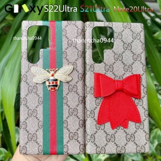 เคสหนัง ปั๊มลายประดับโบว์แดง ผึ้งเพชร Samsung Galaxy S22Ultra S21Ultra Note20Ultra