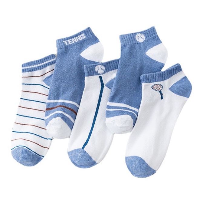 (W-142) ถุงเท้าTENNIS ถุงเท้าข้อสั้น แฟชั่น ลายสีฟ้าน่ารัก เนื้อผ้านุ่ม