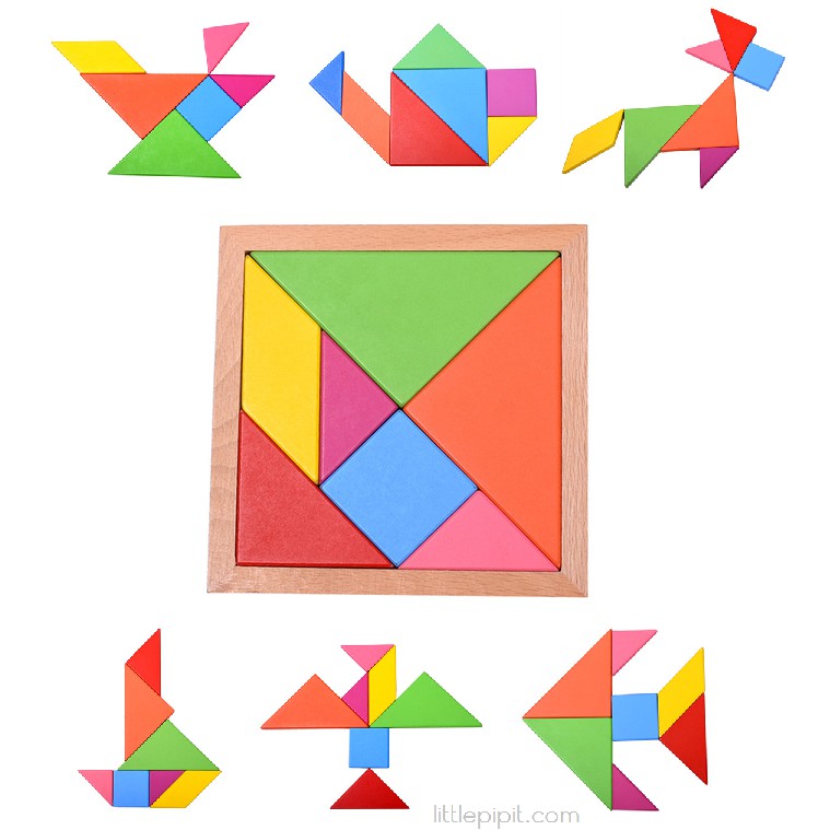 Tangram Puzzle แทนแกรม เรขาคณิต ของเล่นเสริมพัฒนาการ แทนแกรมไม้ 15x15 cm