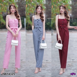 B14325 จั๊มสูทยาวสายเดี่ยวลายสก็อต Plaid one-shoulder long jumpsuit