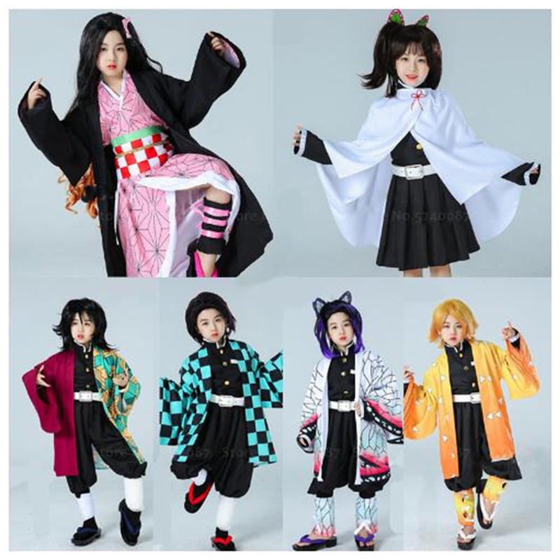 Anime Demon Slayer คอสเพลย์เด็กเครื่องแต่งกาย Kamado Nezuko ชุดคอสเพลย์ Tanjirou คอสเพลย์เครื่องแต่งกาย Kimetsu ไม่มี Yaiba ผู้หญิงสีชมพูชุดกิโมโน