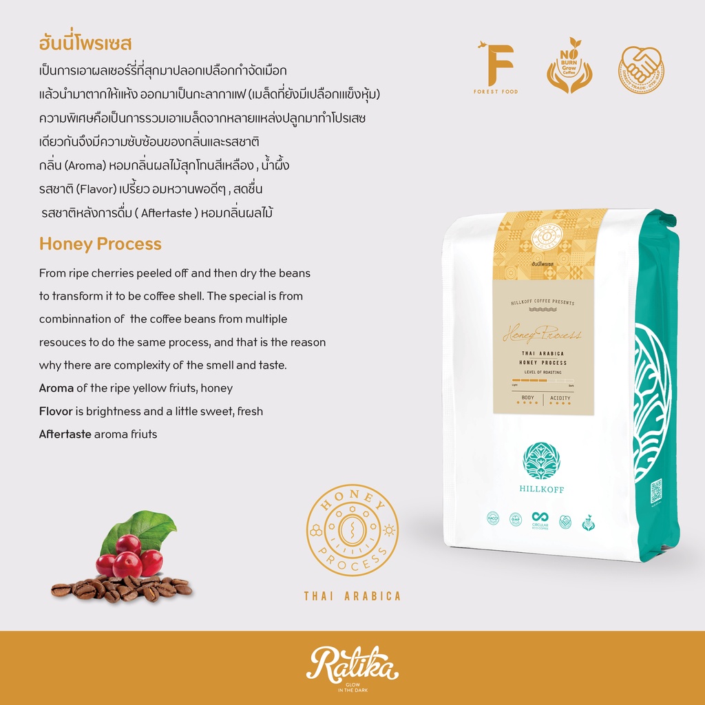 Ratika | เมล็ดกาแฟคั่ว อราบิก้า ฮันนี่โพรเซส 100% ตรา ฮิลล์คอฟฟ์ (Medium Roast) : THAI ARABICA Honey Process