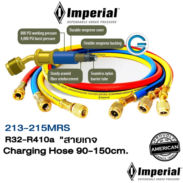 IMPERIAL Charging Hose สายชาร์จน้ำยา Series 213-215MRS" 90cm.-150cm" R32,R410A Made in USA.